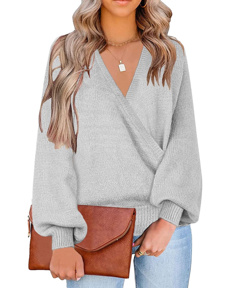 LookbookStore Sweater for Women 2026 Knit Long Sleeve Cute Sweaters Faux Wrap Surplice V Neck Sweater Top Trendy Fall Tops Light Grey Size Large Size 12 14 - Image 1